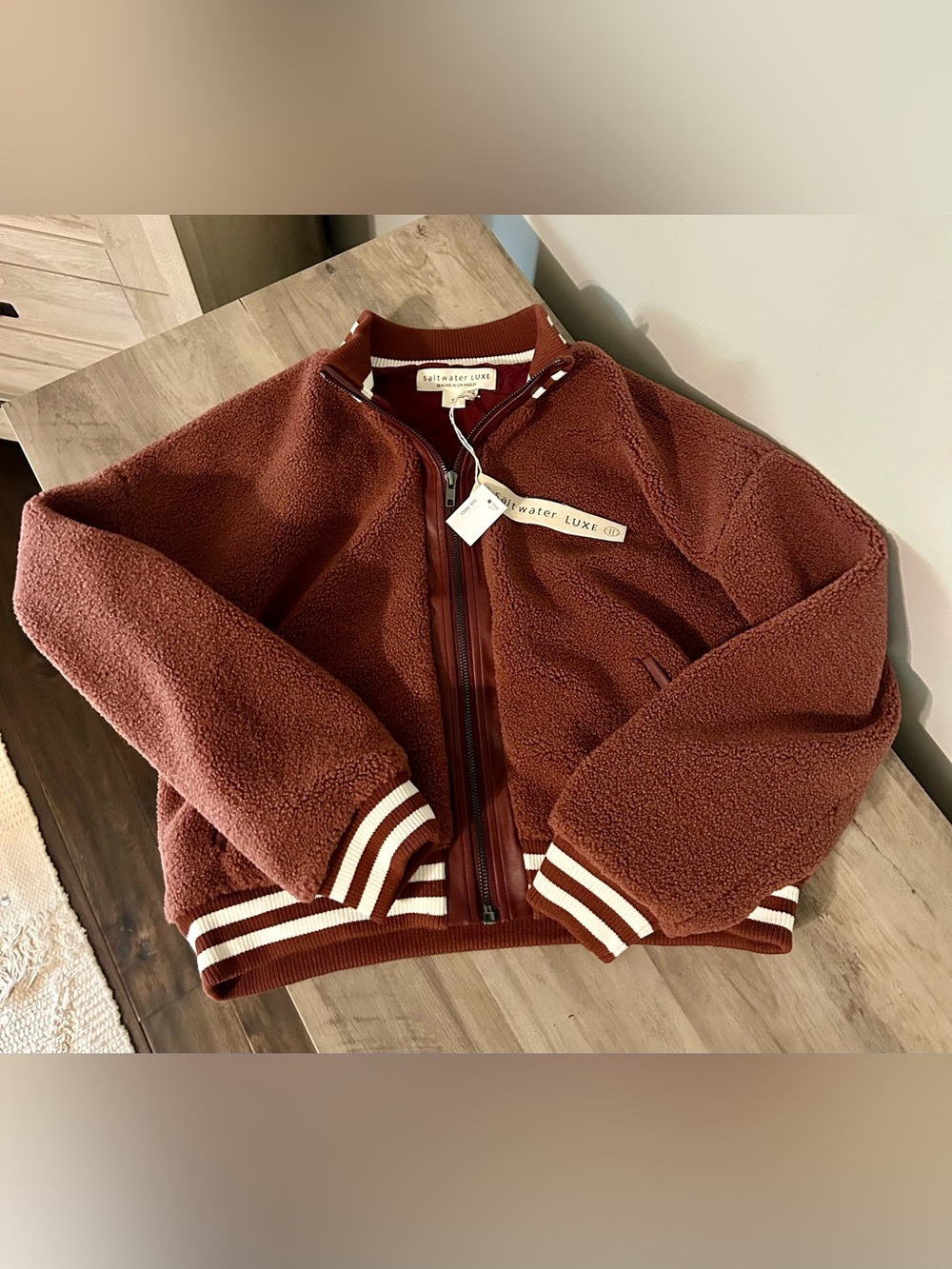 Saltwater Luxe Teddy Sherpa Varsity Bomber Jacket Brown Rust Stripe Trim NWT S - Picture 2 of 5